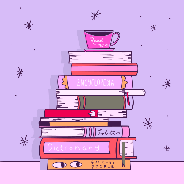 Illustration of a stack of books with a cup of coffee on top