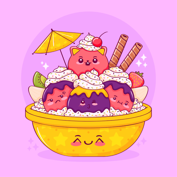 Illustration of a kawaii style ice cream decorated with fruits and topped with creamy ice cream.