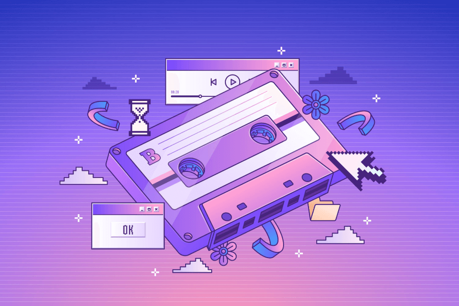 Illustration of a cassette tape against the background of an audio player window.